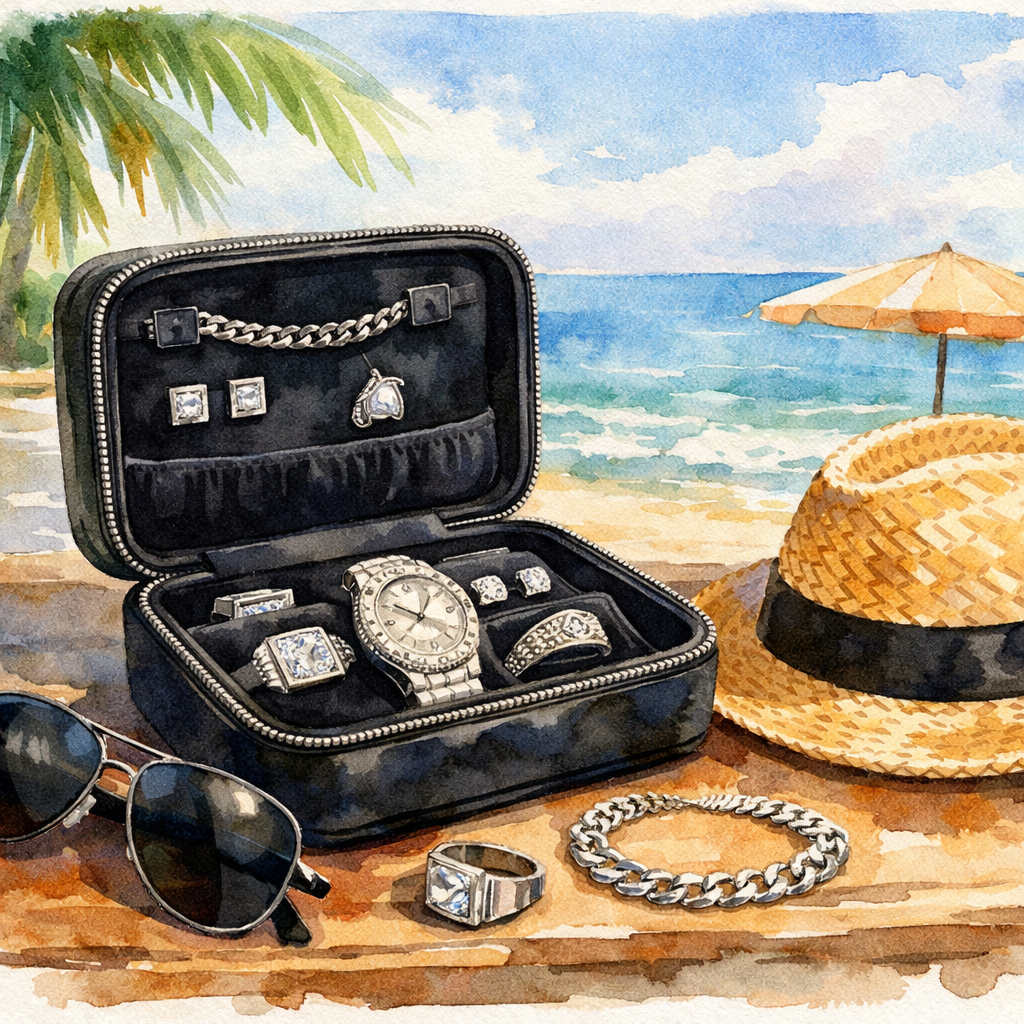 Watercolor scene of a beachside vanity with a velvet‑lined travel jewelry case, sunglasses, and a straw hat, alt: accessories for diamond veneer travel jewelry set for beach vacation men