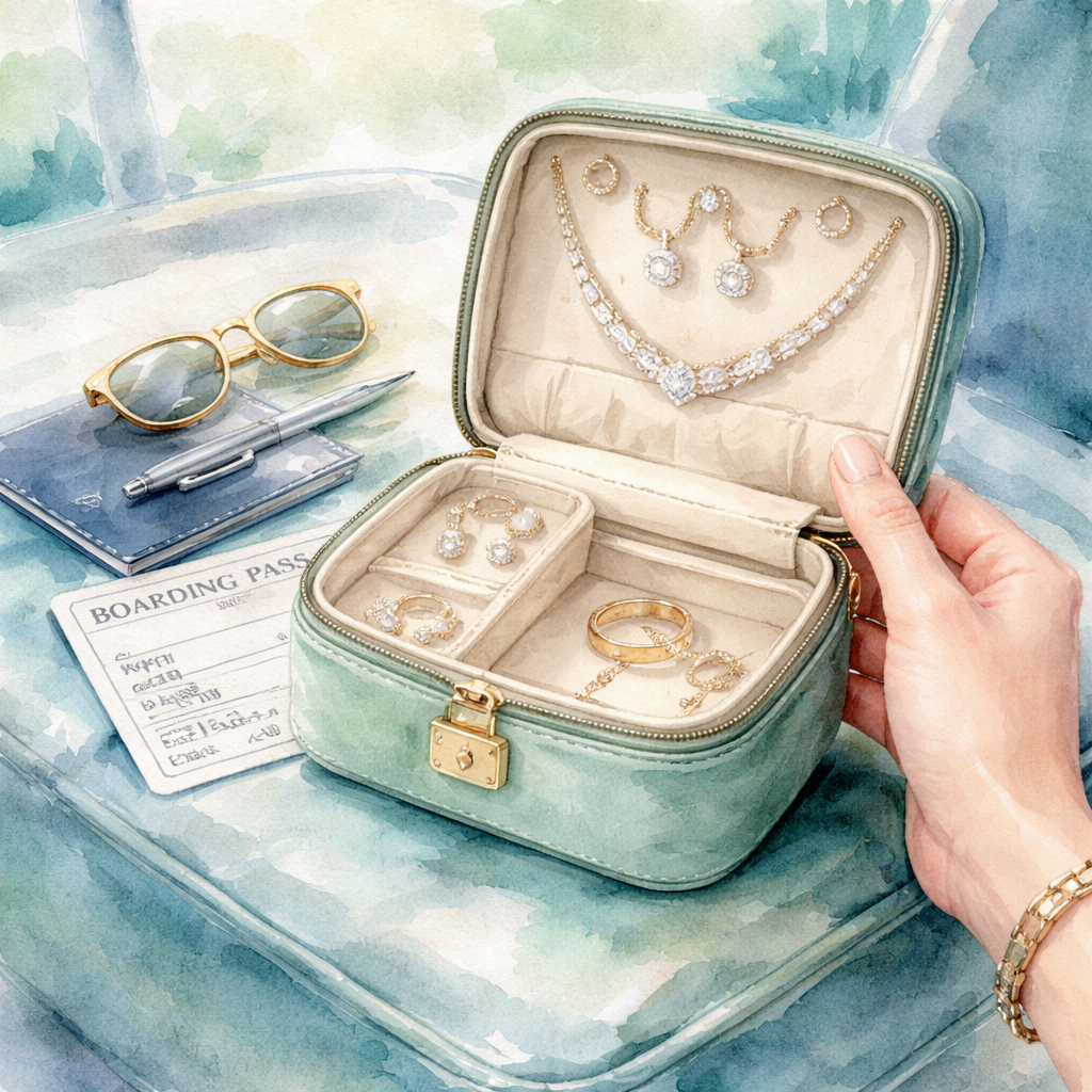 A watercolor scene of a traveler’s hand holding a lockable jewelry pouch next to a boarding pass, soft blues and greens, alt: diamond veneer travel jewelry set for business travel