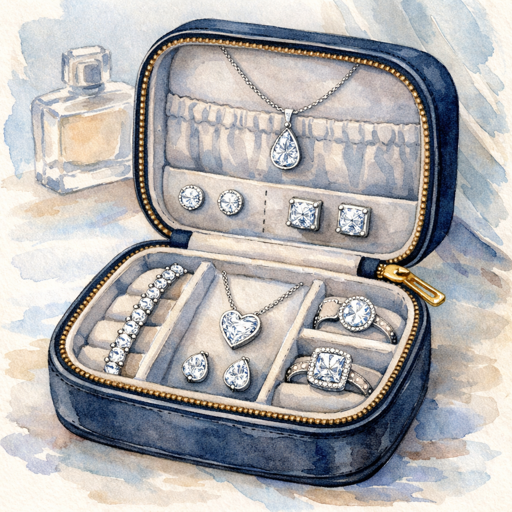 Watercolor illustration of a sleek jewelry box open with various diamond veneer pieces, studs, pendant, bracelet, arranged on velvet. Alt: diamond veneer travel jewelry set for business trips