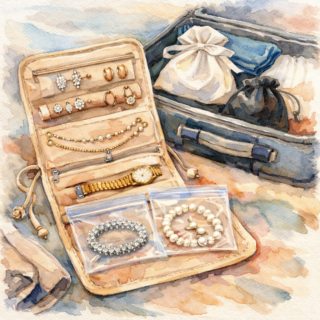 Watercolor scene of a neatly organized travel jewelry roll next to a suitcase, showing pouches and zip‑lock bags. Alt: packing diamond veneer travel jewelry set for business trips
