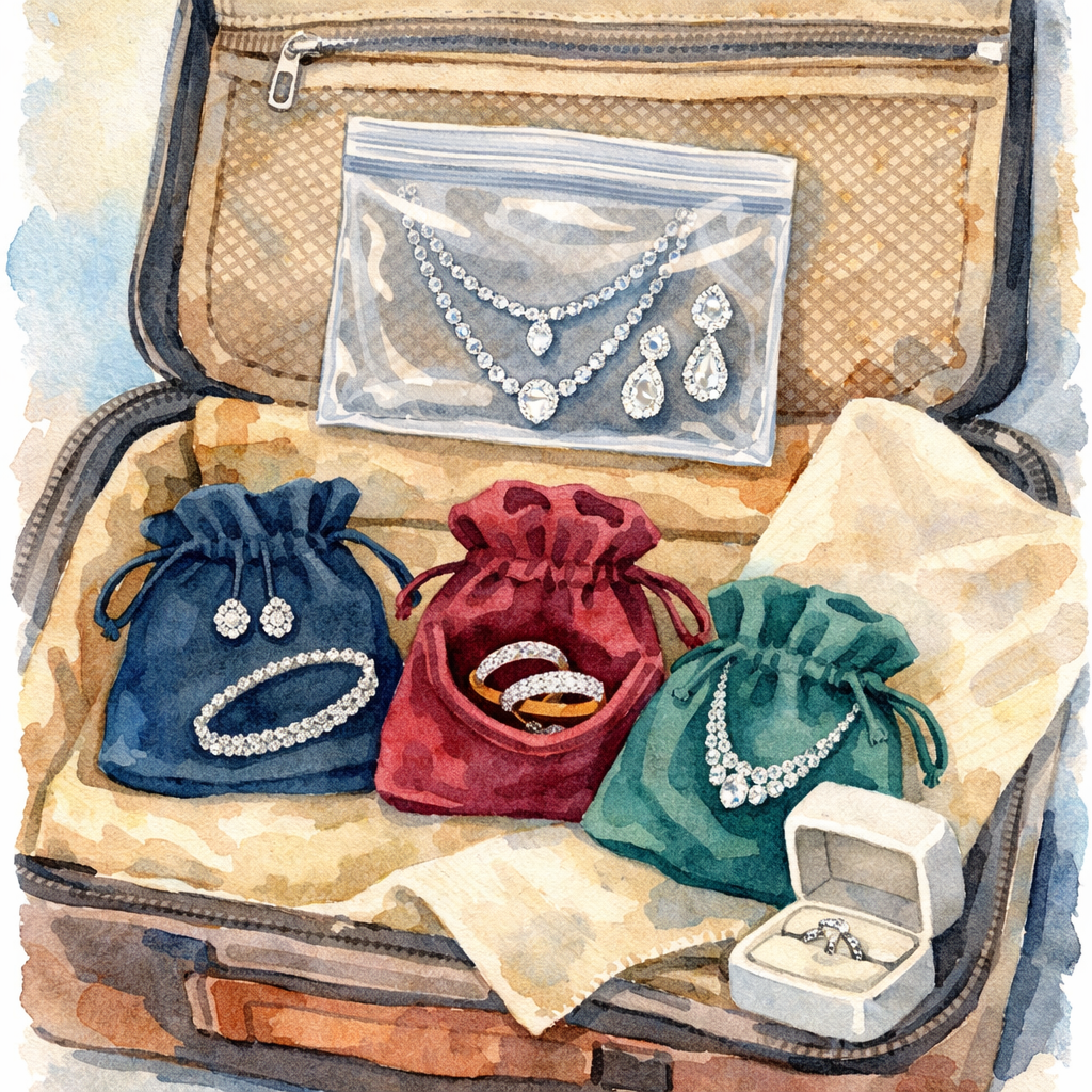 Watercolor illustration of a suitcase interior with velvet jewelry pouches, zip‑locked bag, and soft cloth. Alt: packing diamond veneer travel jewelry set for cruise vacation safely.