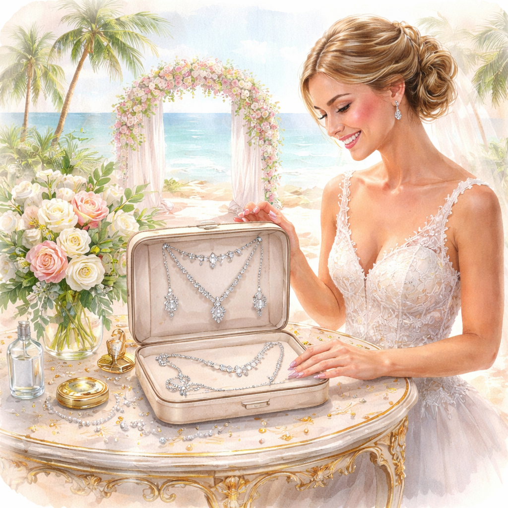 Watercolor scene of a bride displaying her jewelry set on a decorative vanity table at a destination wedding. Alt: diamond veneer travel jewelry set for destination wedding showcase.