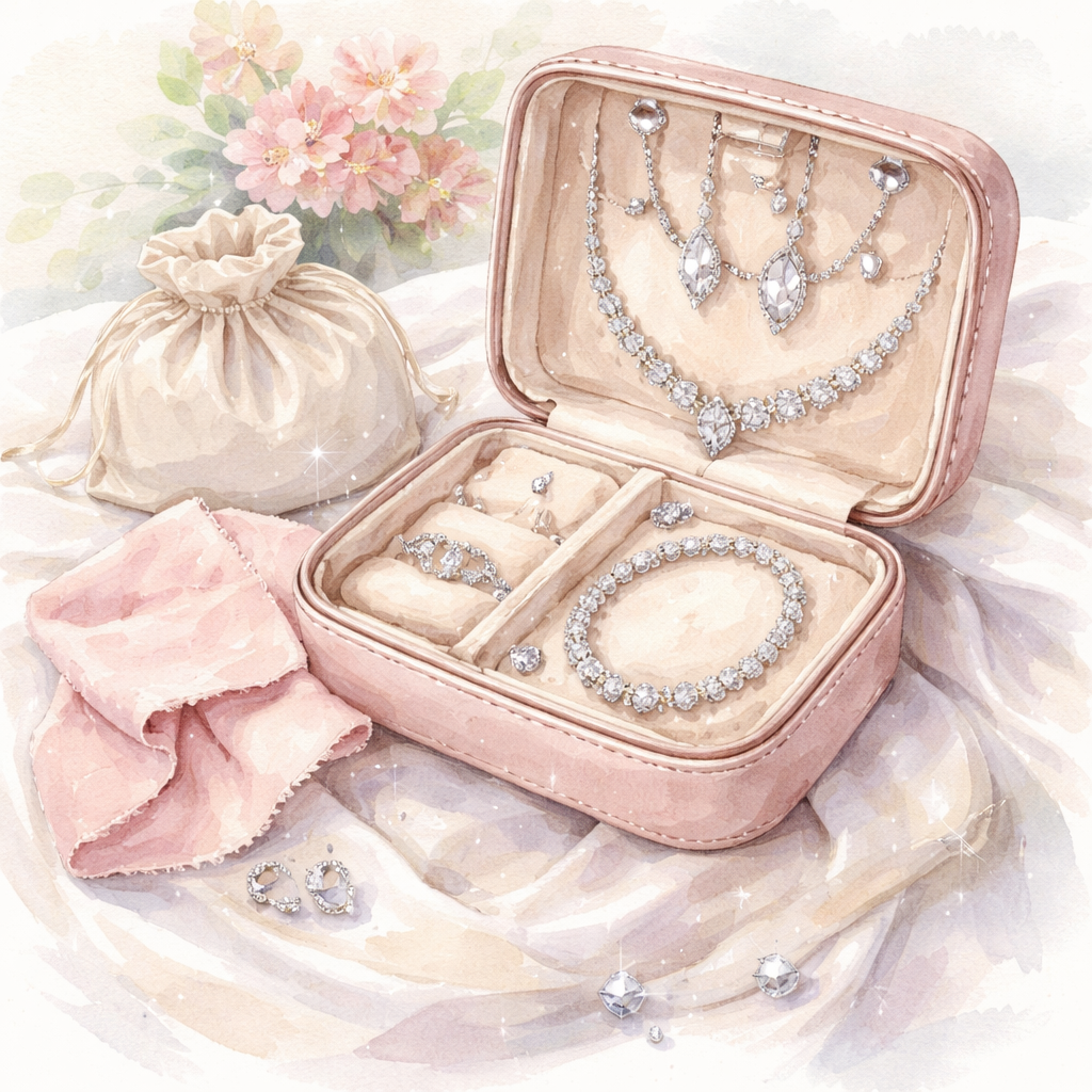 A watercolor scene of a jewelry case open, with soft cloth and protective pouches, highlighting care for diamond veneer travel jewelry set for formal events. Alt: maintaining shine for diamond veneer travel jewelry set for formal events