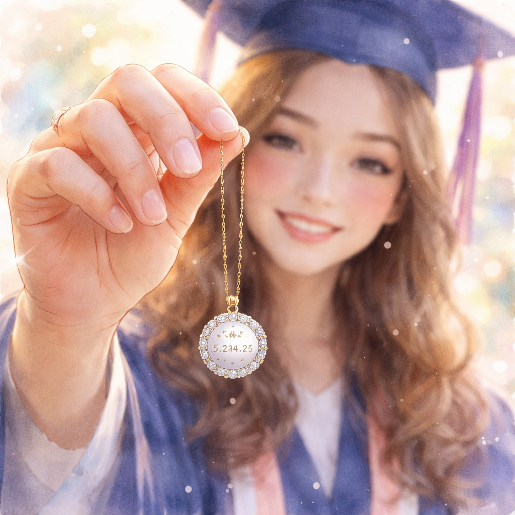 Watercolor scene of a graduate holding a sparkling pendant with a tiny engraved date, soft pastel tones, alt: personalized diamond veneer graduation jewelry