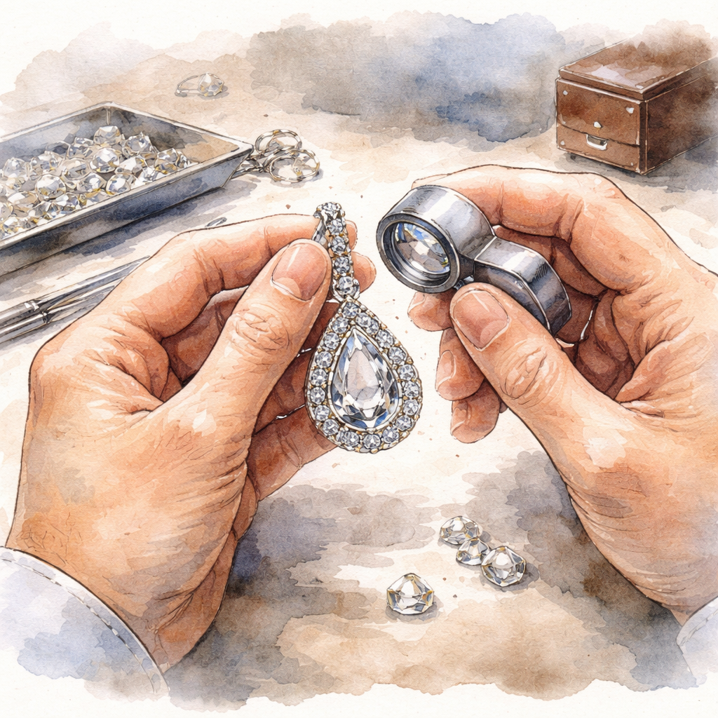 A watercolor illustration of a jeweler’s hands examining a pendant, focusing on metal texture and diamond veneer coating. Alt: diamond veneer travel jewelry quality inspection