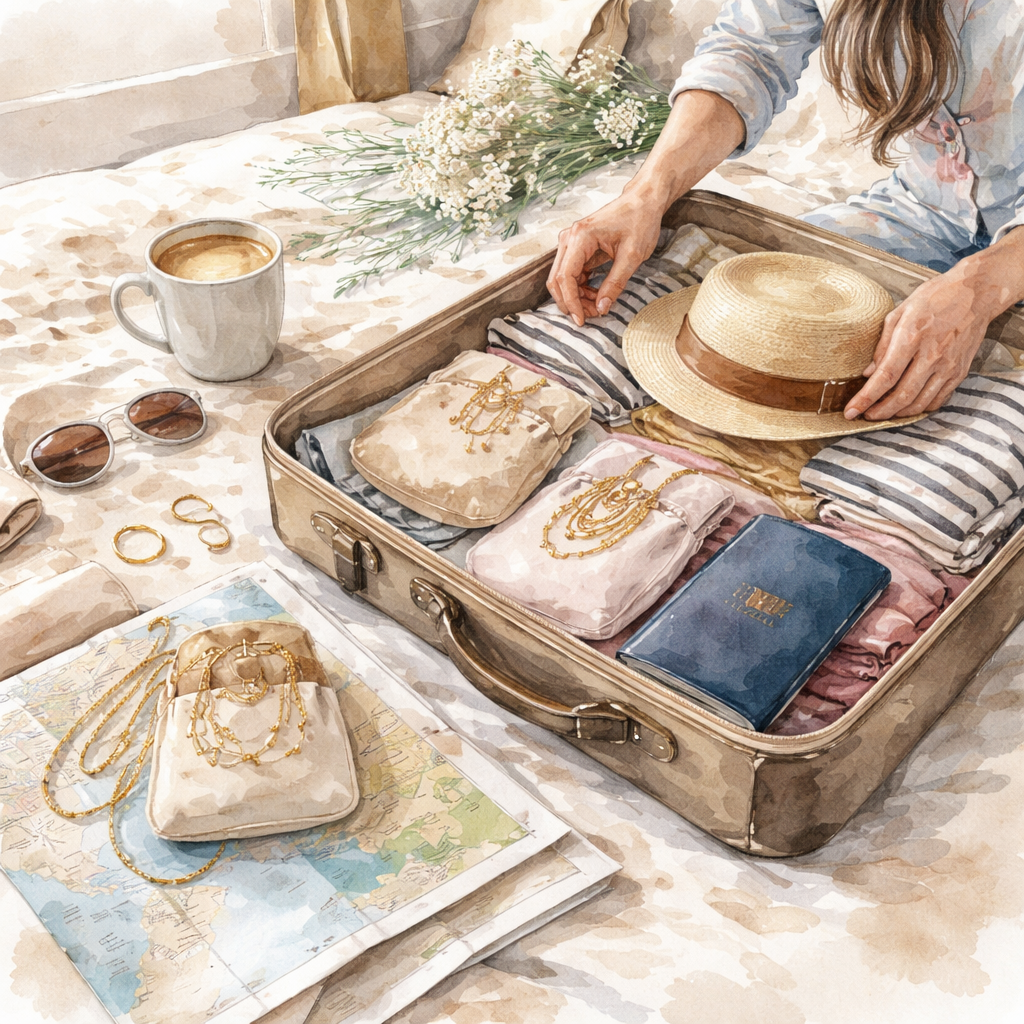 A watercolor scene of a traveler packing a suitcase, with jewelry pouches, a passport and a coffee mug. Alt: travel jewelry lifestyle packing