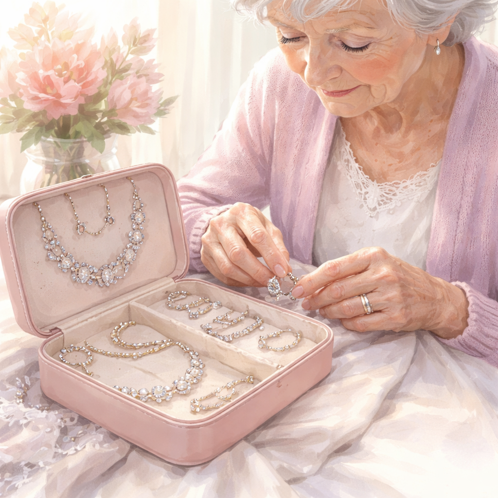 A watercolor illustration of a senior gently selecting delicate jewelry pieces from a travel tray, showing sparkle and soft fabrics. Alt: diamond veneer travel jewelry set for seniors