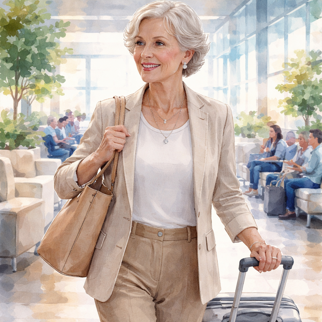 A watercolor scene of a senior woman strolling through an airport lounge, wearing simple diamond veneer studs and a delicate pendant. Alt: diamond veneer travel jewelry set for seniors
