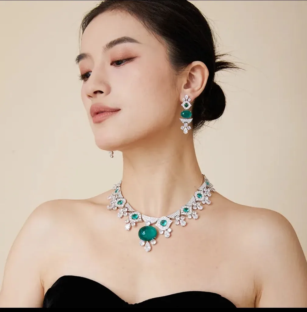 Cabochon Necklace & Earrings Set: visual reference for 1. Cabochon Necklace & Earrings Set – Floral Statement Zirconite Jewelry Couture 840N111