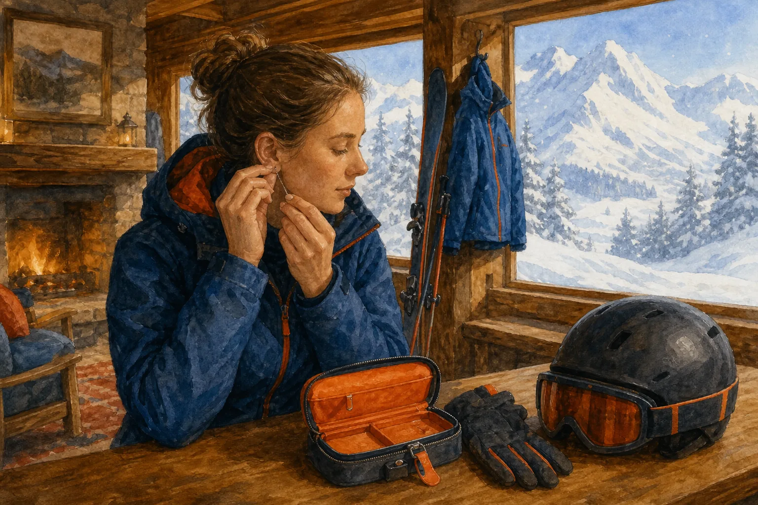 safe jewelry removal before skiing on a snowy mountain
