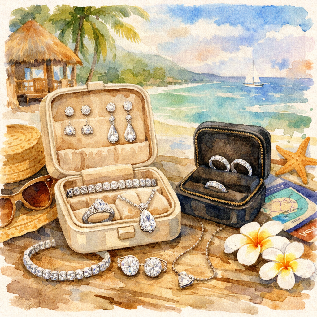 A photorealistic image related to diamond-veneer-travel-jewelry-set-for-vacation-couples. Alt: diamond-veneer-travel-jewelry-set-for-vacation-couples