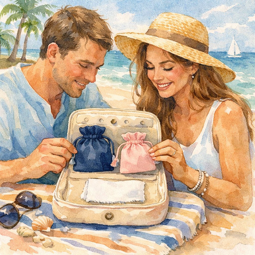 Watercolor style illustration of a couple opening a travel jewelry pouch on a beach, showing soft velvet pouches and a lint‑free cloth. Alt: diamond veneer travel jewelry care on vacation