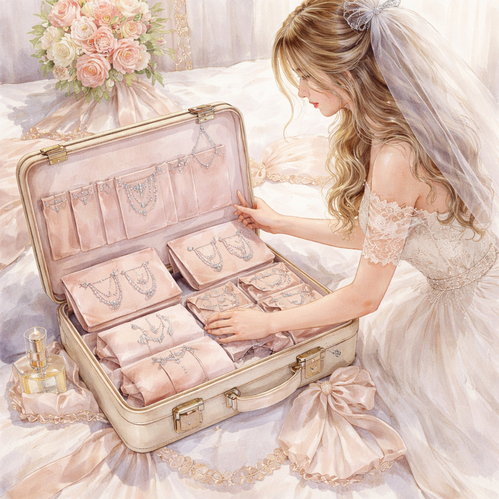 Watercolor illustration of a bride packing a stylish suitcase with jewelry pouches, soft pastel colors, alt: diamond veneer travel jewelry set for weddings packing guide