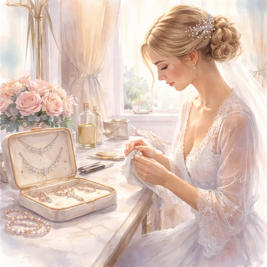Watercolor scene of a bride polishing her diamond veneer jewelry by a hotel vanity, soft pastel tones, alt: maintaining shine for diamond veneer travel jewelry set for weddings