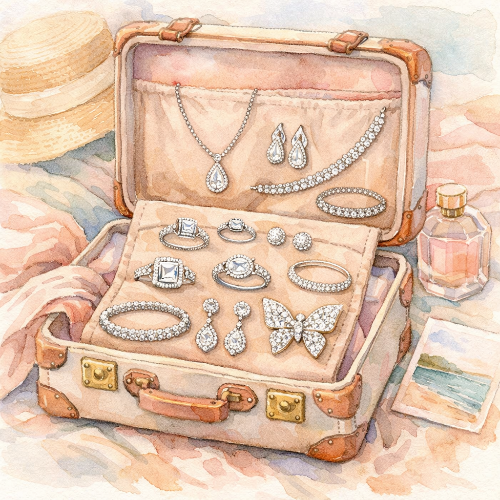 Watercolor illustration of a traveler's open suitcase with elegant jewelry pieces laid out, soft pastel tones, alt=