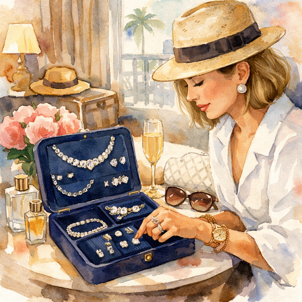 Watercolor scene of a chic traveler at a hotel vanity, arranging jewelry on a velvet pad, alt=