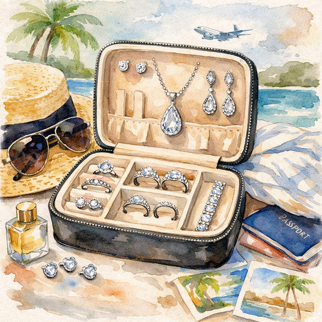 A photorealistic image related to diamond-veneer-travel-jewelry-set-for-weekend-trips. Alt: diamond-veneer-travel-jewelry-set-for-weekend-trips