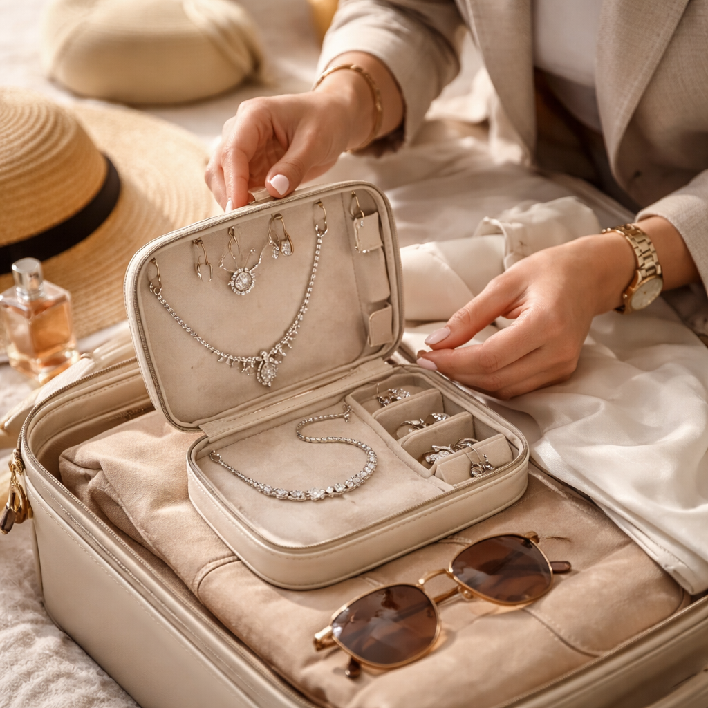 A photorealistic scene of a stylish woman packing a sleek travel jewelry pouch with diamond veneer pieces, soft natural lighting, realistic textures, showcasing the jewelry set ready for a weekend getaway. Alt: diamond veneer travel jewelry set for women
