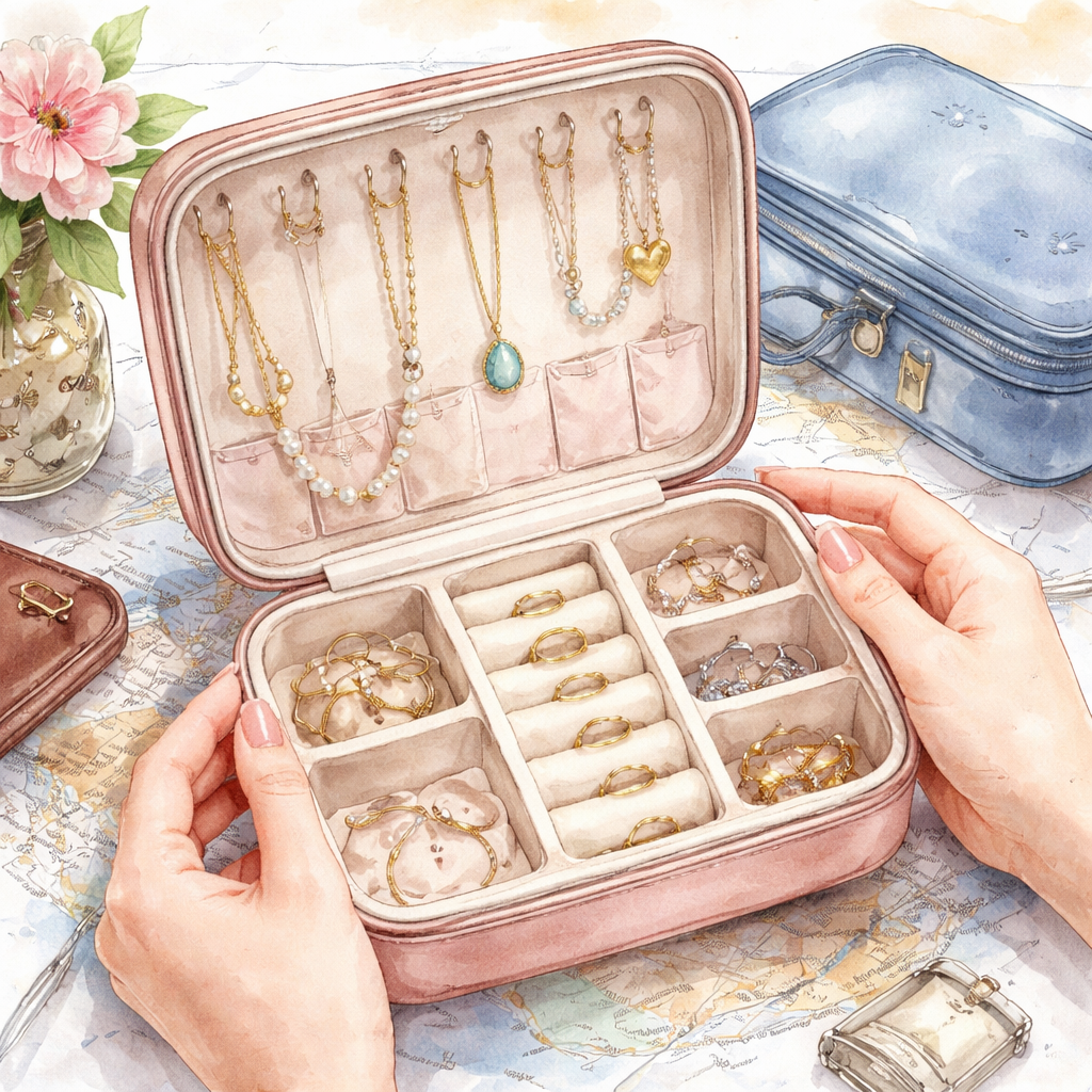 Watercolor illustration of a traveler opening a soft-lined travel jewelry case, showing organized compartments for necklaces, rings, and earrings. Alt: diamond veneer waterproof travel jewelry case interior organization