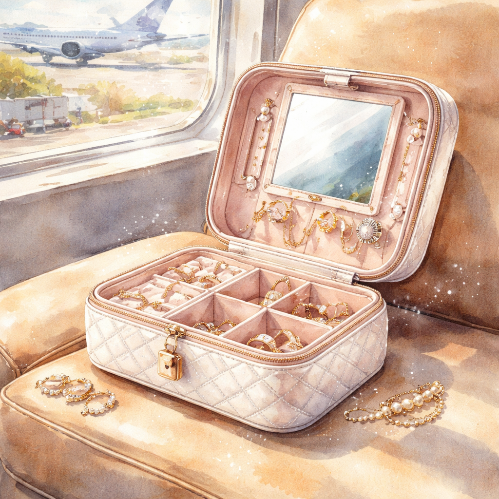 Watercolor scene of a sleek travel jewelry case perched on a runway lounge chair, showing a magnetic zip, a tiny lock, and a fold‑out mirror. Alt: diamond veneer waterproof travel jewelry case luxury features
