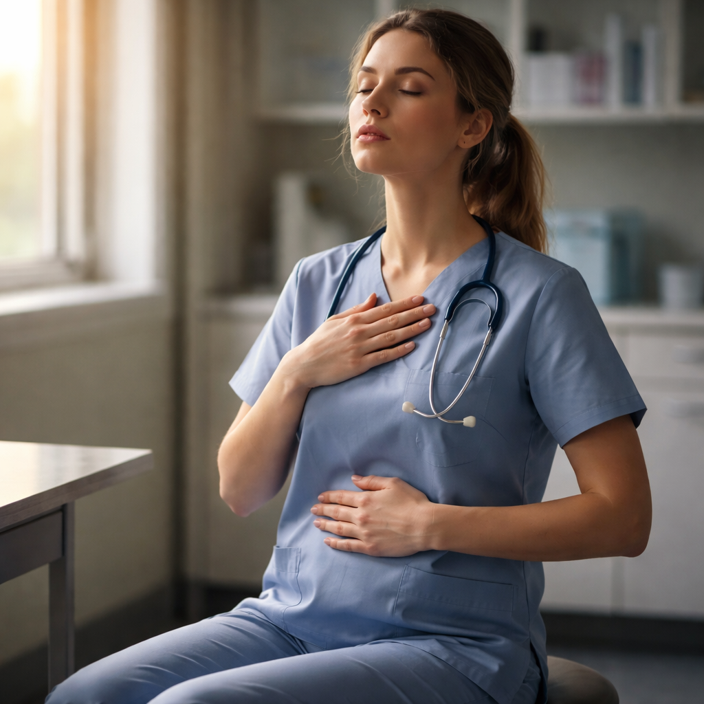 A cinematic scene of a nurse in a hospital break room, seated on a stool, hands gently placed on chest and belly, soft daylight filtering through a window, emphasizing the rise and fall of the diaphragm during a breath. Alt: Diaphragmatic breathing steps for healthcare professionals.