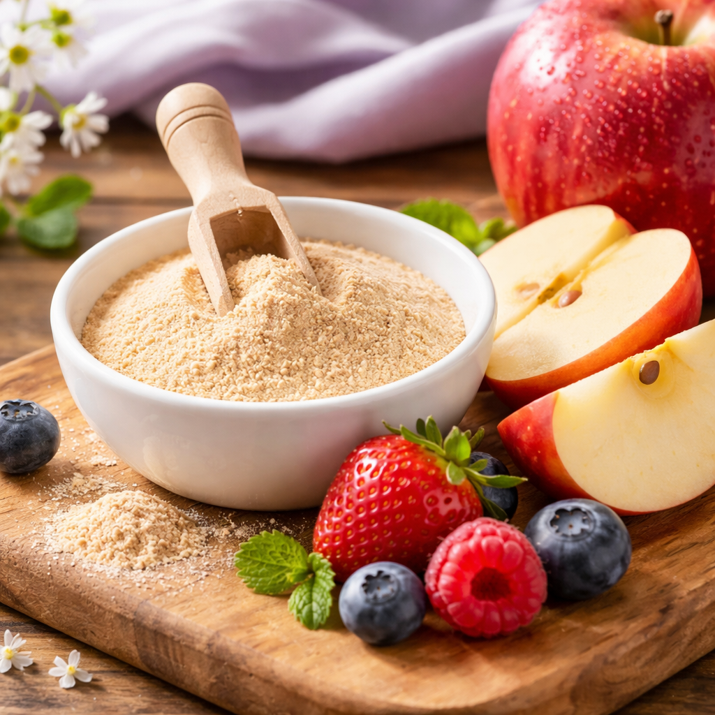 A close‑up of natural apple cider vinegar powder, fresh apple slices, and a handful of berries on a wooden table. Alt: apple cider vinegar gummies natural ingredients close‑up.