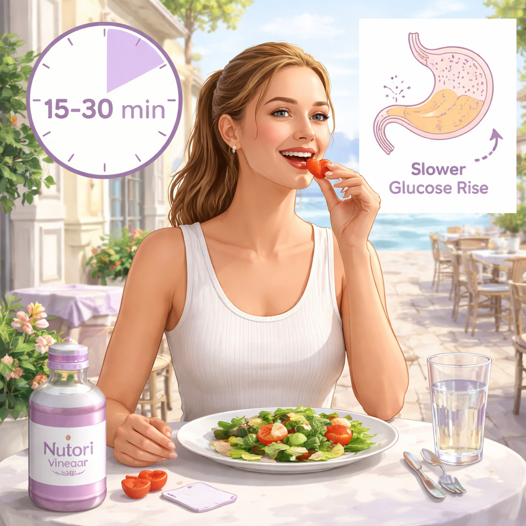 A realistic illustration of a person taking a gummy before a meal, with a clock showing 15‑30 minutes, and a stomach diagram indicating slower glucose rise. Alt: best apple cider vinegar gummies timing before meals illustration.