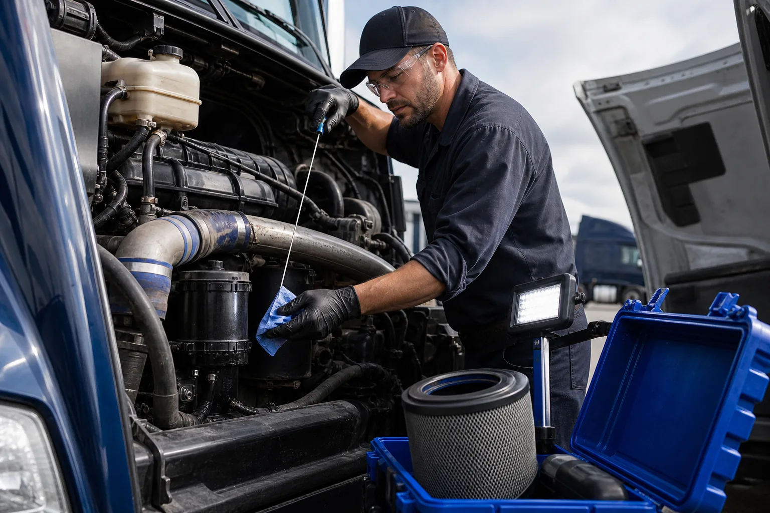 diesel truck engine oil filter and air filter inspection