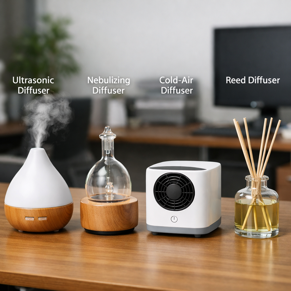 A photorealistic side-by-side comparison of four diffuser types: an ultrasonic diffuser emitting mist, a nebulizing diffuser with no visible vapor, a cold-air diffuser with a fan, and a reed diffuser with sticks in a bottle. Alt: Office diffuser types comparison ultrasonic nebulizing cold-air reed