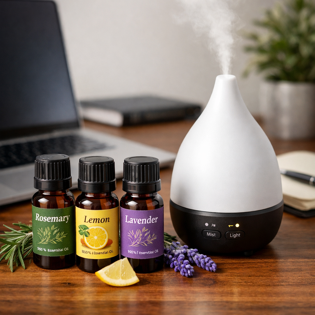 A photorealistic arrangement of essential oil bottles with labels like rosemary, lemon, and lavender on a wooden desk next to a sleek diffuser. Alt: Office essential oil blends for diffuser productivity focus