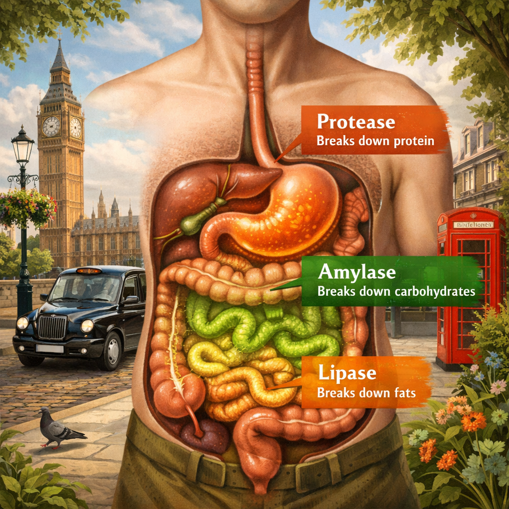 A realistic illustration of the human digestive system highlighting where enzymes act, with labels for protease, amylase, and lipase. Alt: digestive enzymes working in the gut