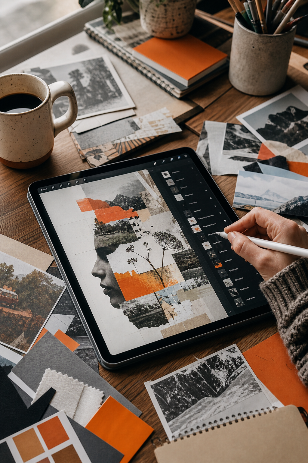 A photorealistic scene of an artist's digital workspace with an iPad and stylus, showing layers of colorful digital collage elements on the screen, surrounded by scattered photos and texture swatches. Alt: Digital collage art on iPad with digital art layers.