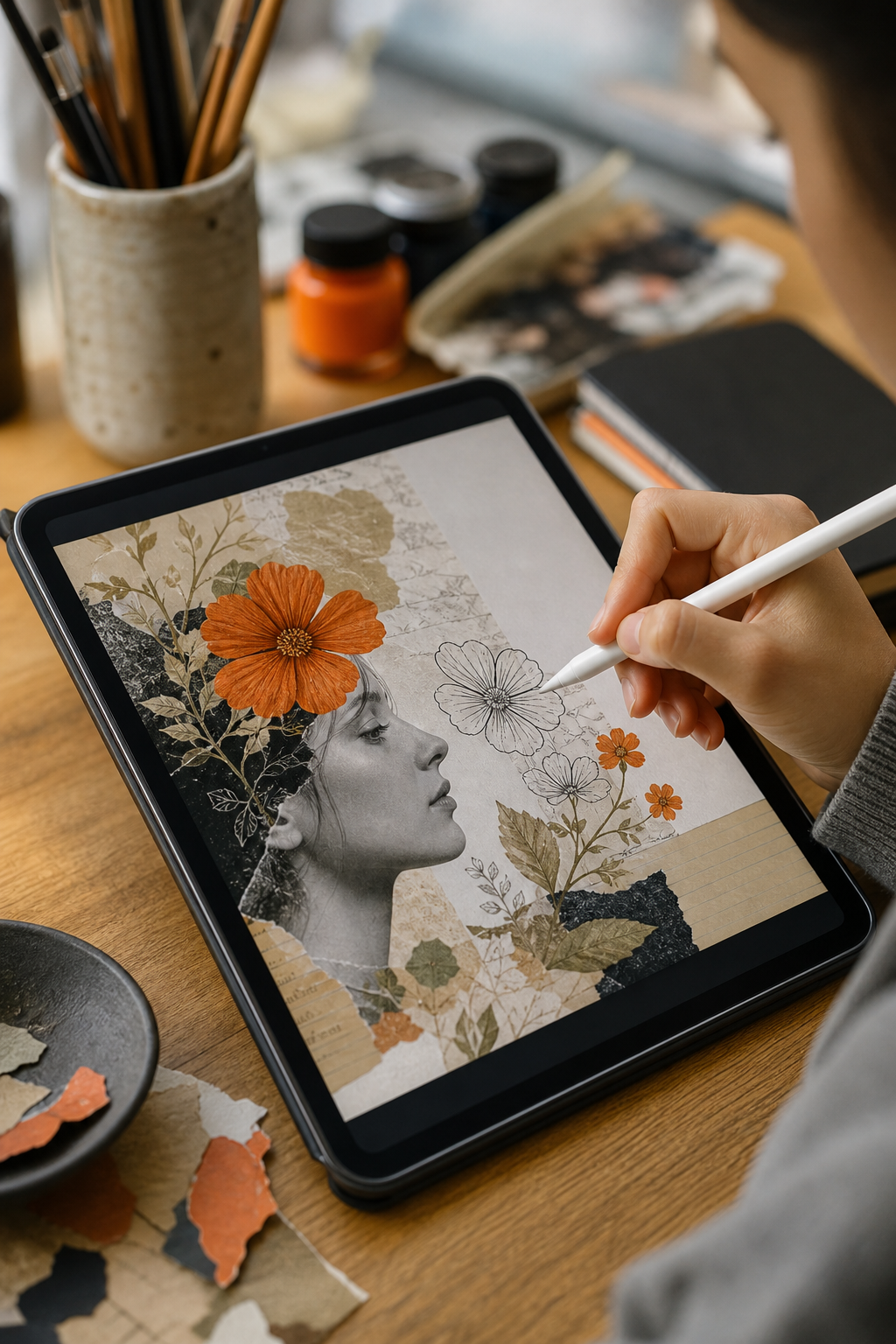 A close-up photorealistic image of a person using a stylus on a tablet, tracing a floral outline on a digital collage composition, with a blurred background of art supplies. Alt: Student creating digital collage floral portrait on tablet with stylus.