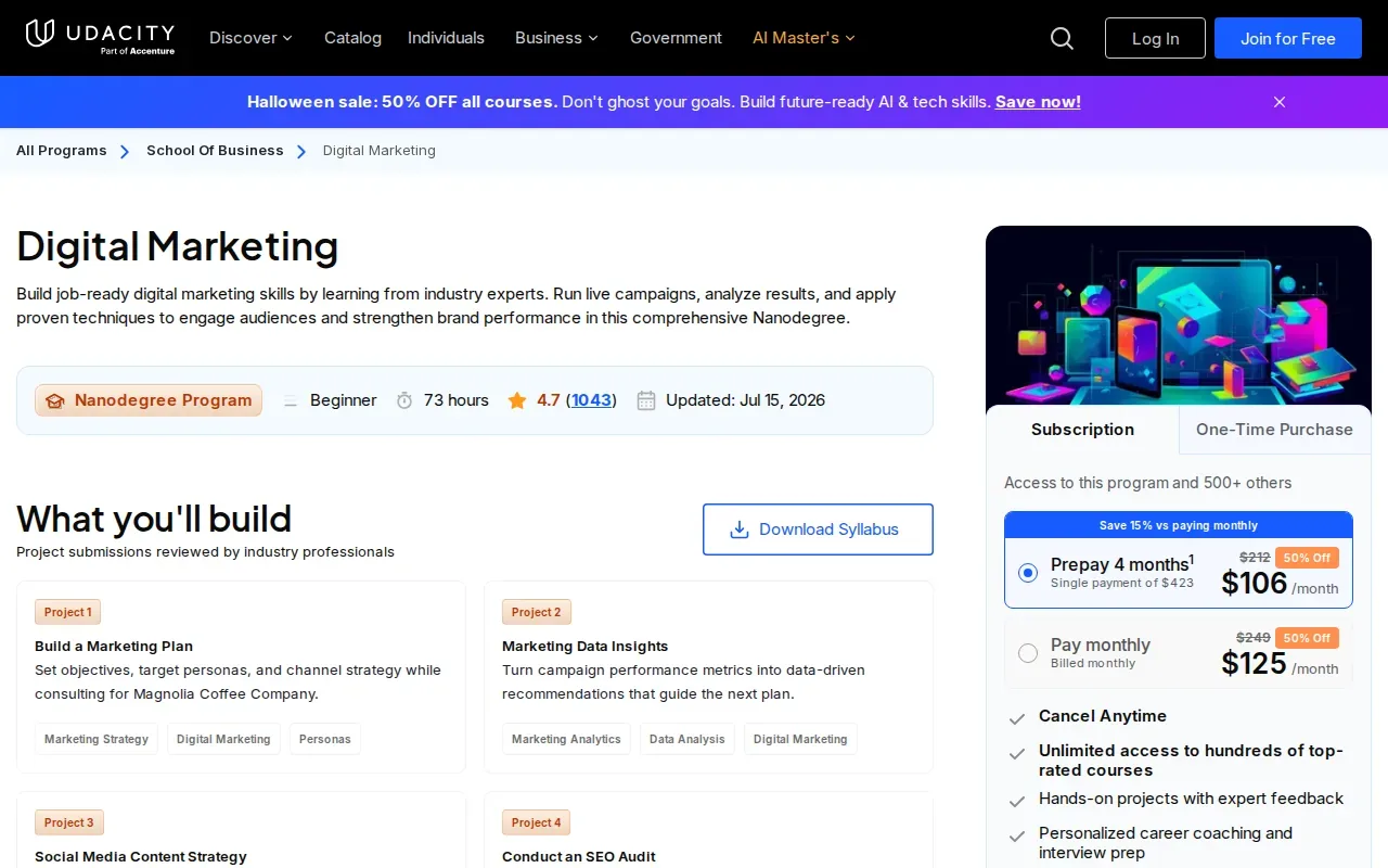 Screenshot of the Digital Marketing Nanodegree by Udacity website