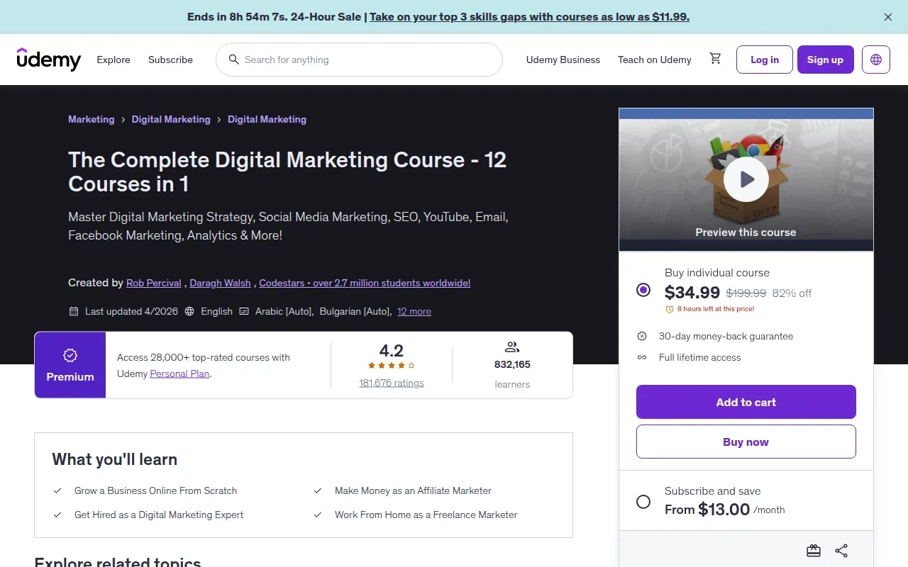 Screenshot of the The Complete Digital Marketing Course by Udemy website