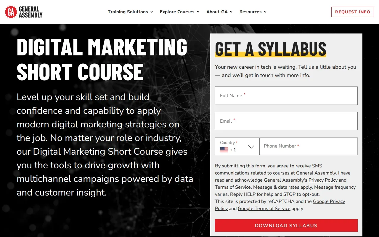 Screenshot of the Digital Marketing Short Course by General Assembly website