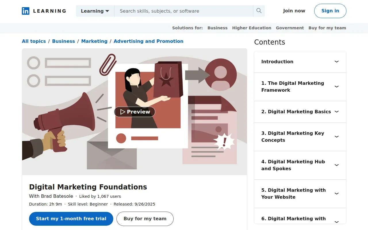 Screenshot of the Digital Marketing Foundations by LinkedIn Learning website