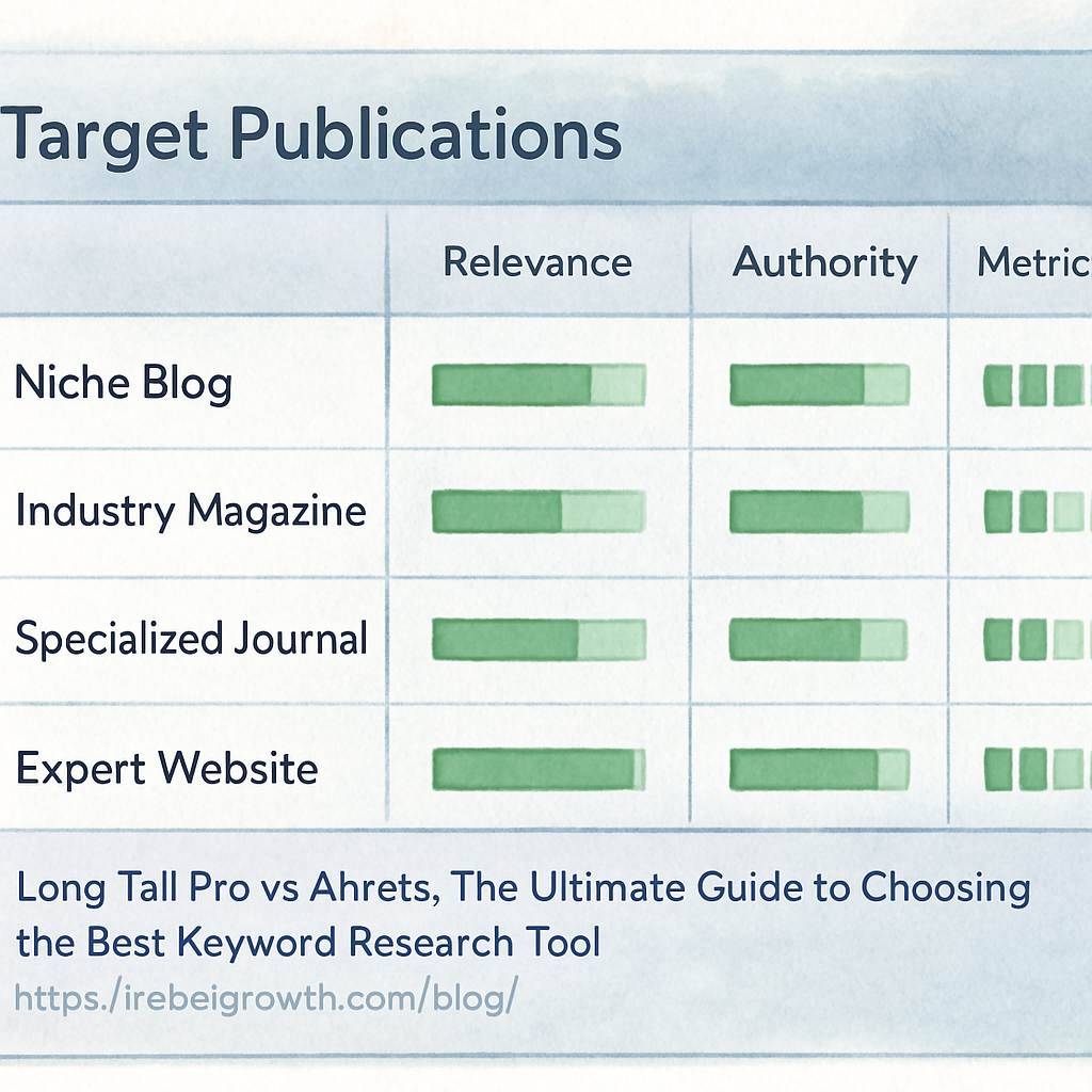 A clean, modern dashboard showing a filtered list of niche publications with columns for relevance, authority, and engagement metrics. Alt: Digital PR for link building – identifying target publications dashboard.