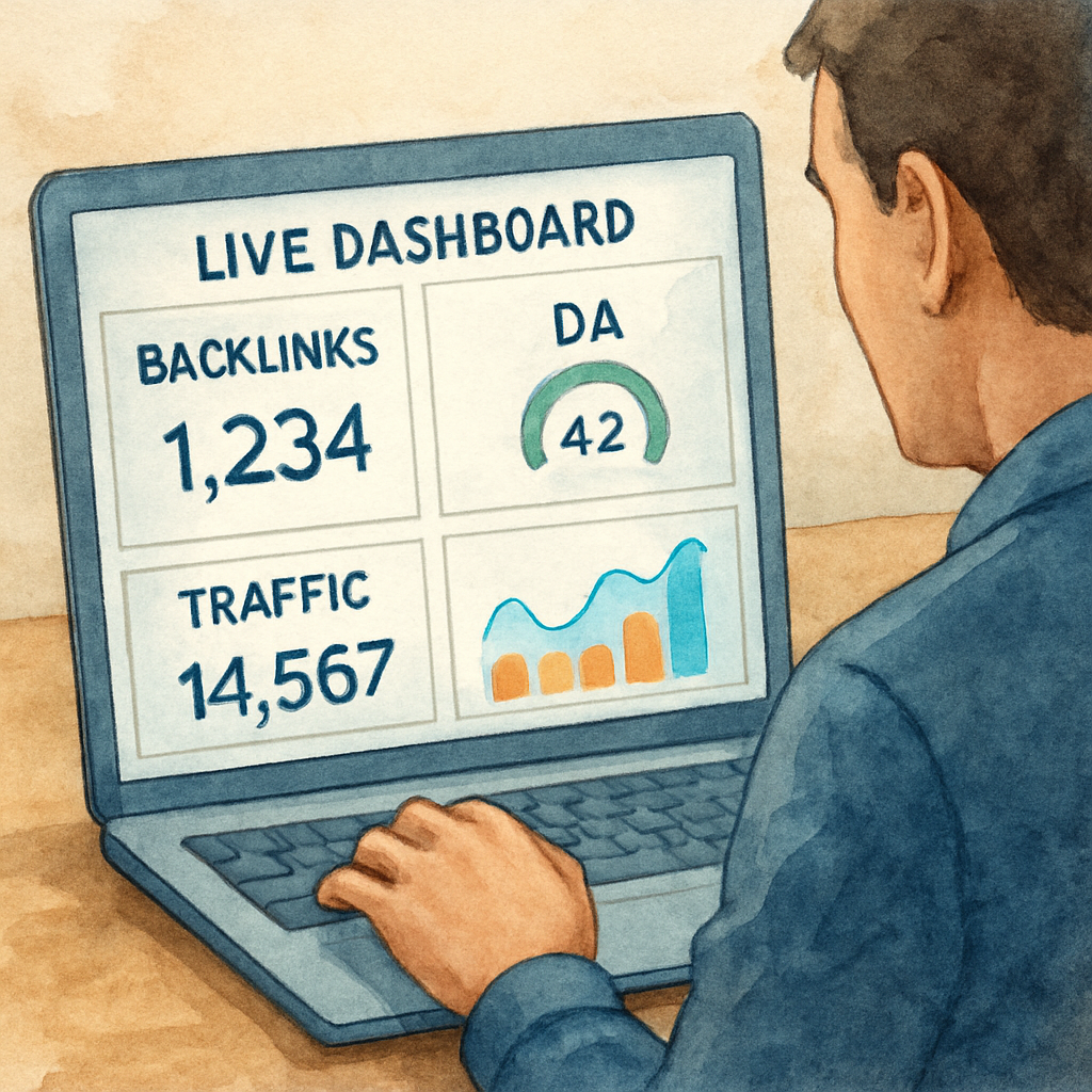 A marketer reviewing a live dashboard of backlink metrics on a laptop, with charts, DA scores, and traffic graphs. Alt: digital PR for link building performance dashboard