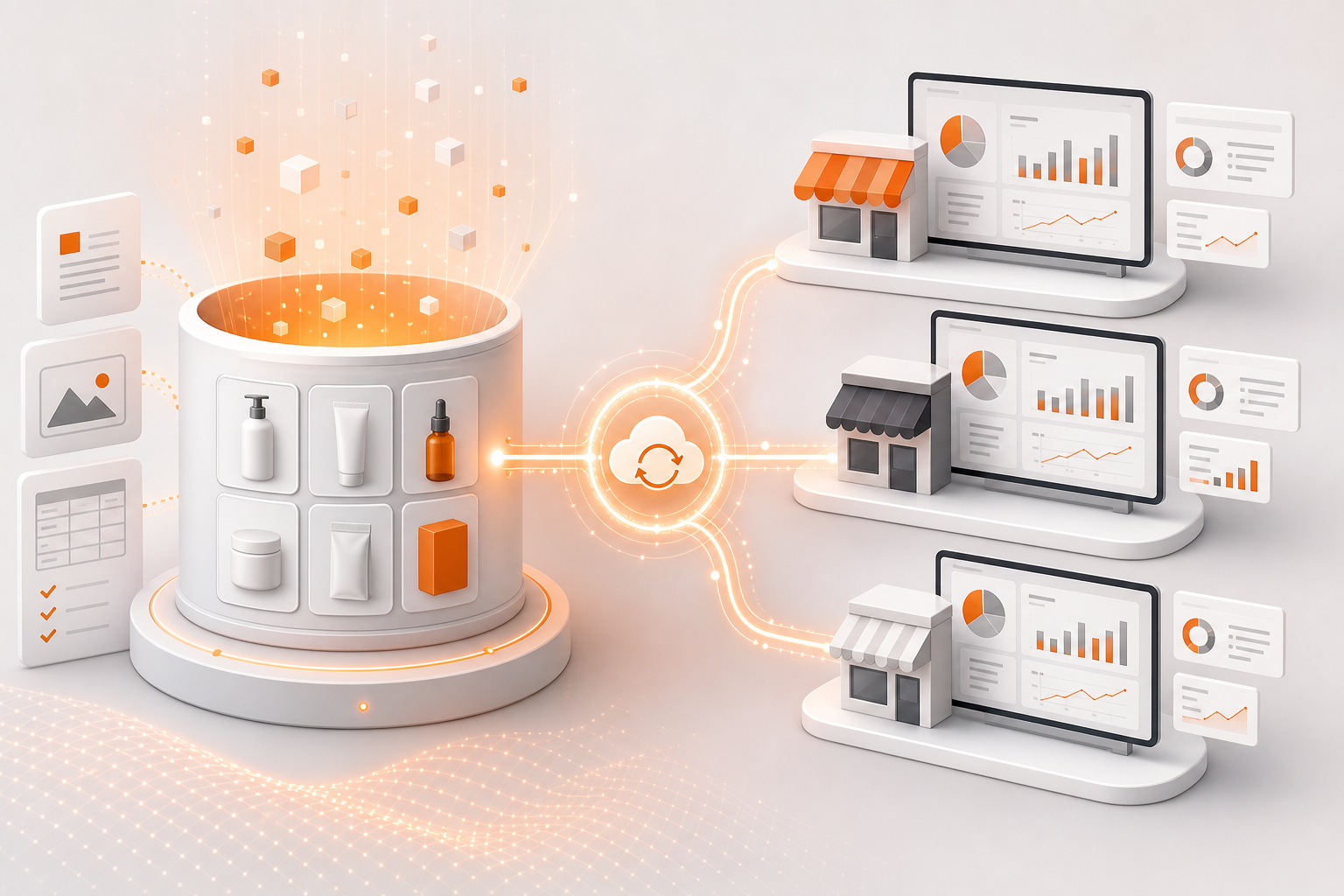 An illustration of a data pipeline connecting a PIM to multiple retailer dashboards, showing real‑time sync and analytics. Alt: digital shelf software data flow diagram