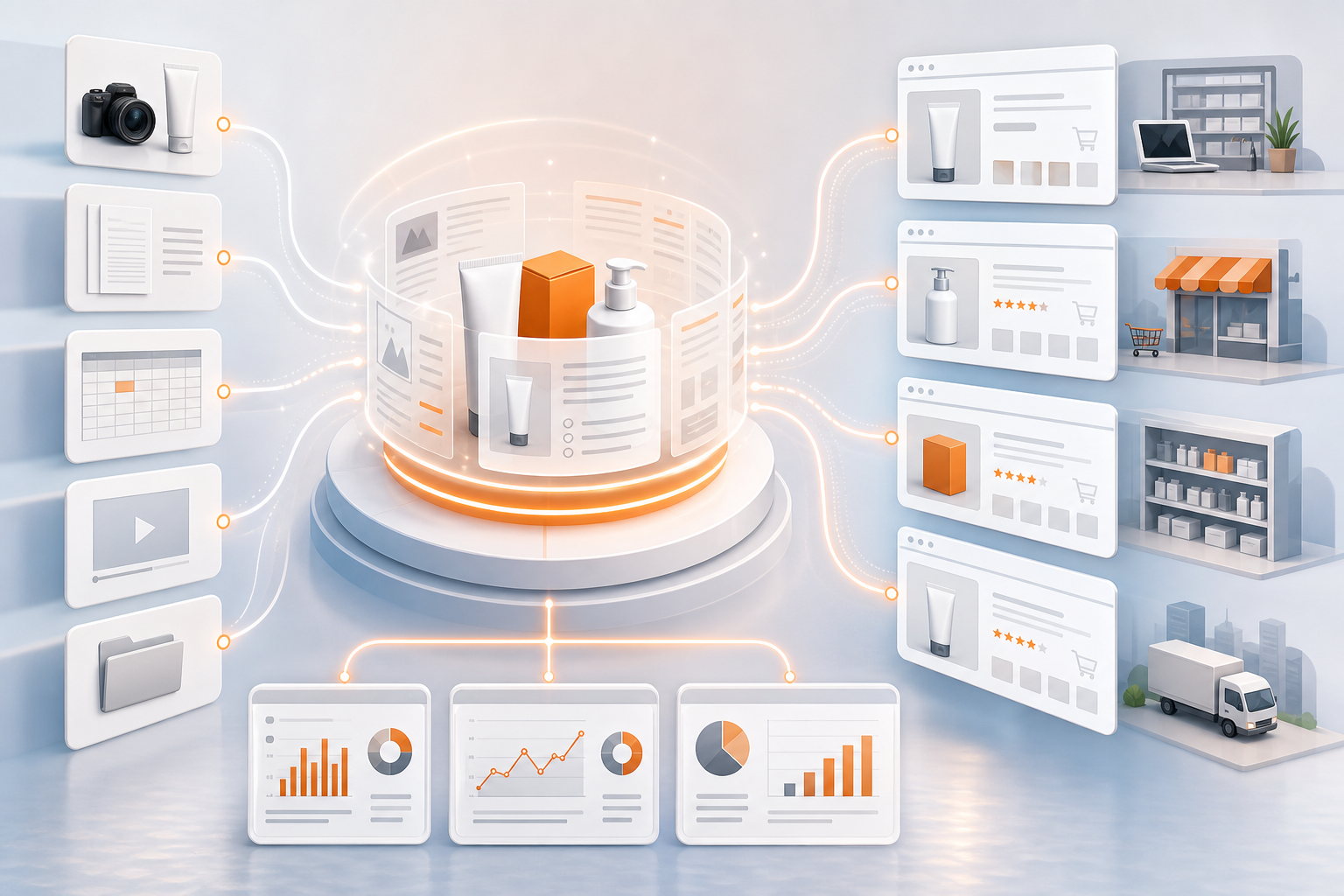 An illustration of a product experience management hub connecting to retailer dashboards, emphasizing syndication and analytics. Alt: Syndigo digital shelf ecosystem diagram