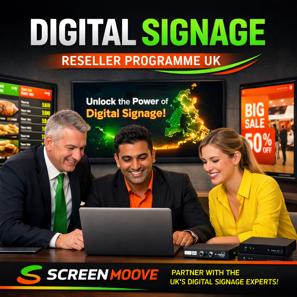 A photorealistic image related to digital-signage-reseller-programme-uk. Alt: digital-signage-reseller-programme-uk