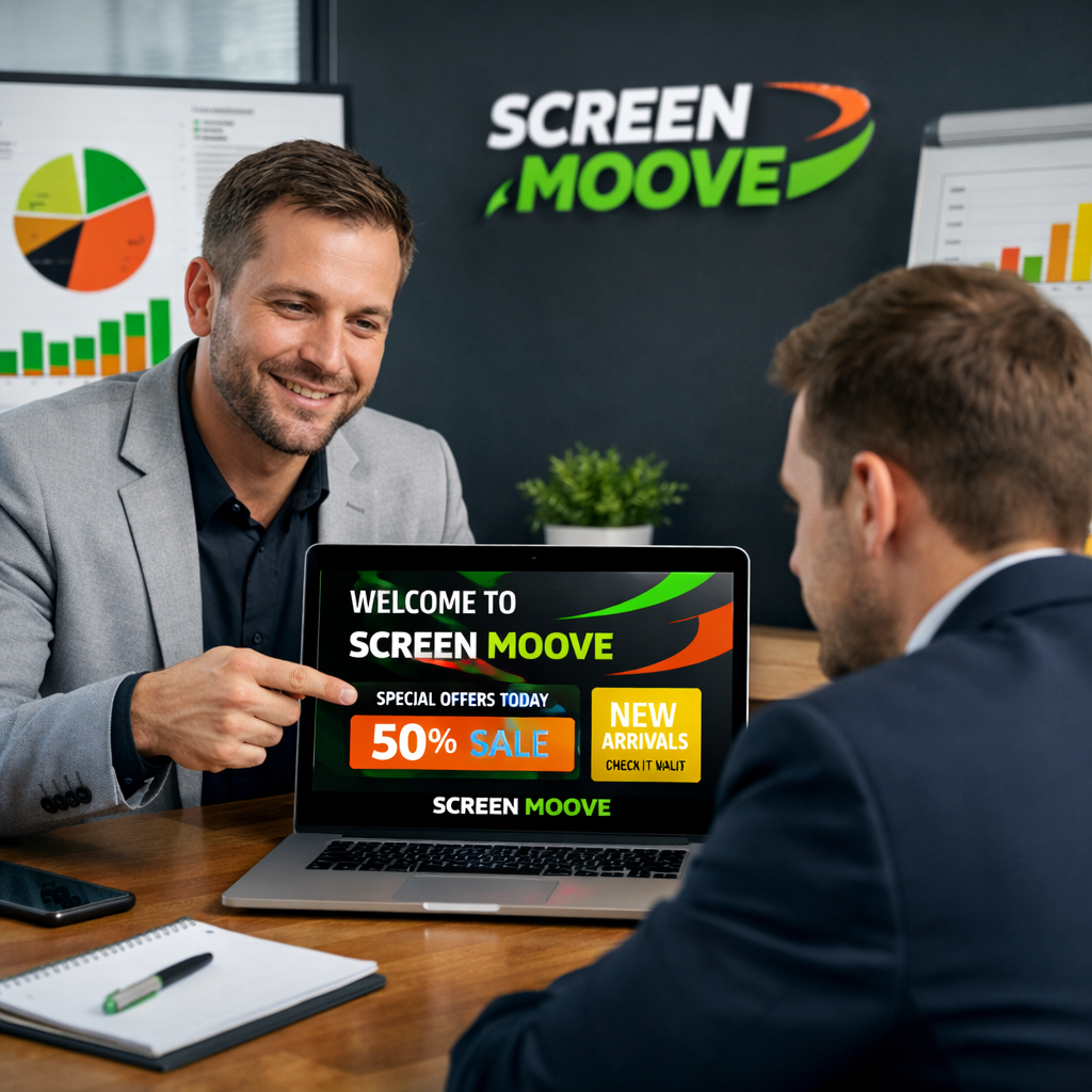 A realistic office scene where a consultant is showing a digital signage mock‑up on a laptop to a client, with charts and branding elements visible. Alt: digital signage consulting presentation in a UK office
