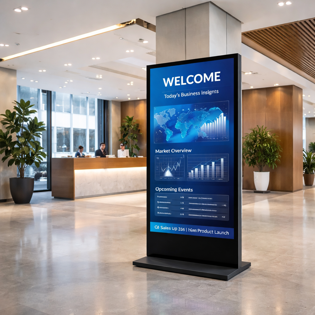 A realistic office lobby with a sleek digital signage screen displaying dynamic content, bright and clear, showing a modern commercial environment. Alt: digital signage screen in a corporate lobby