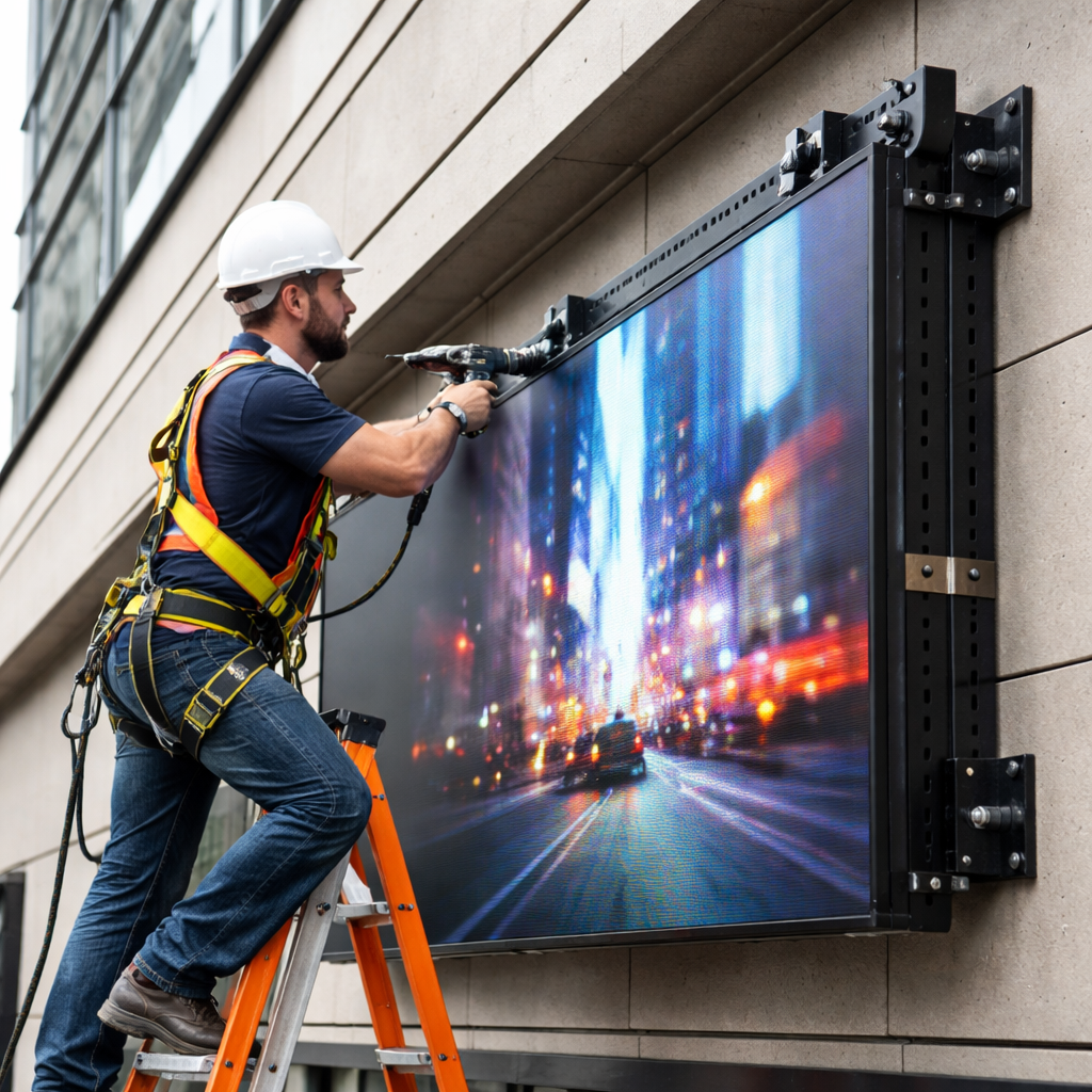 A realistic scene of a technician installing a large digital signage screen on a building façade, using safety usees and a sturdy bracket. Alt: digital signage installation in progress