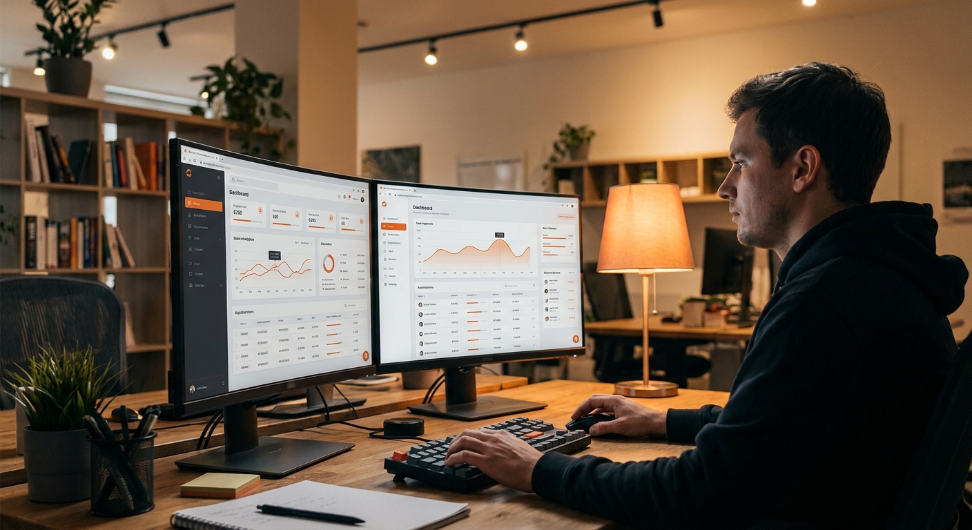 A focused developer working on dual monitors showing a custom web application dashboard with clean UI components and data visualizations, warm orange accent lighting, modern office environment. Alt: custom web application development for small business digital transformation.