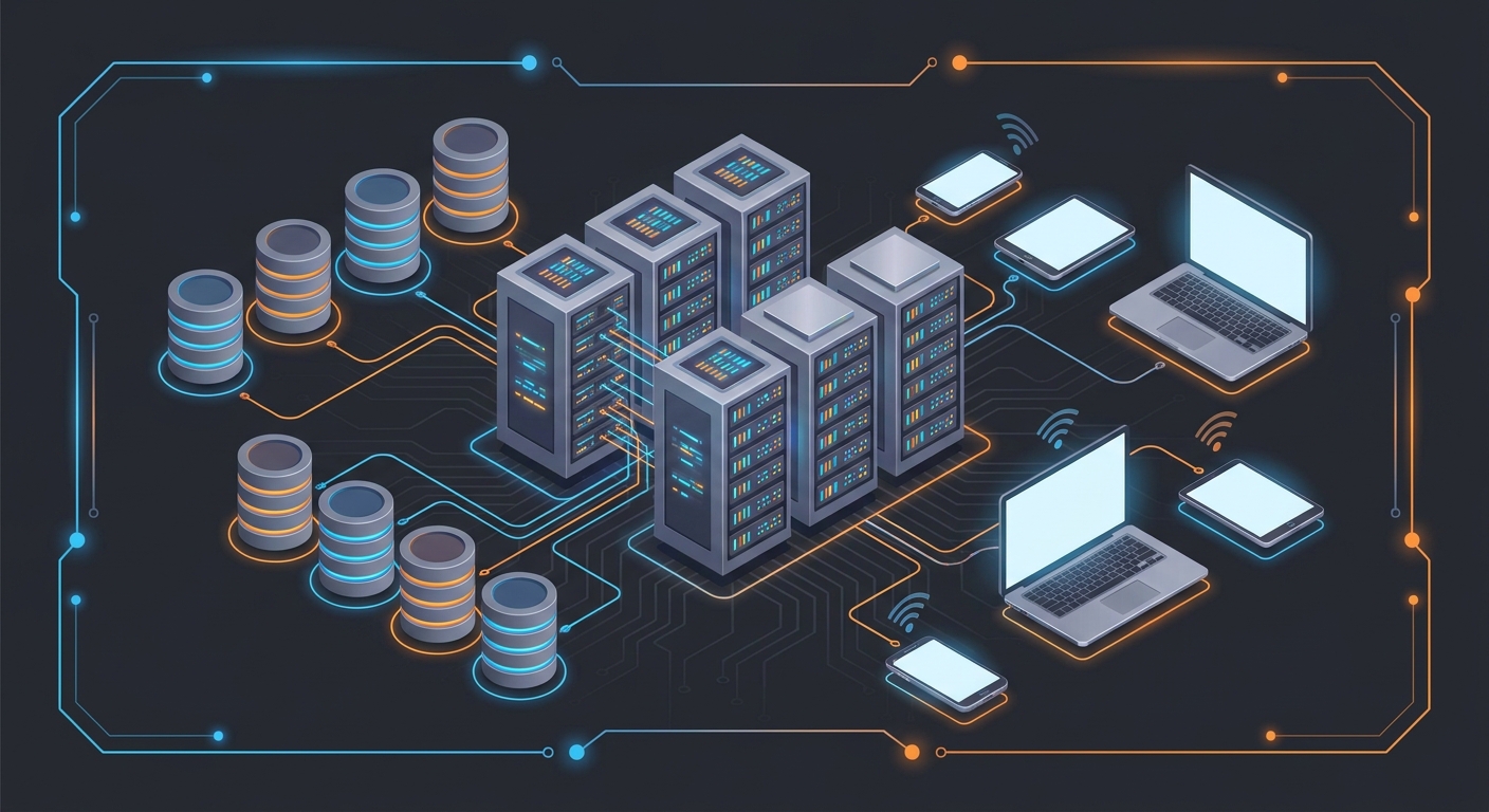A clean isometric illustration of cloud infrastructure icons , servers, databases, and connected devices , rendered in a modern tech style with orange and blue accents against a dark background. Alt: cloud computing infrastructure for small business scalability.