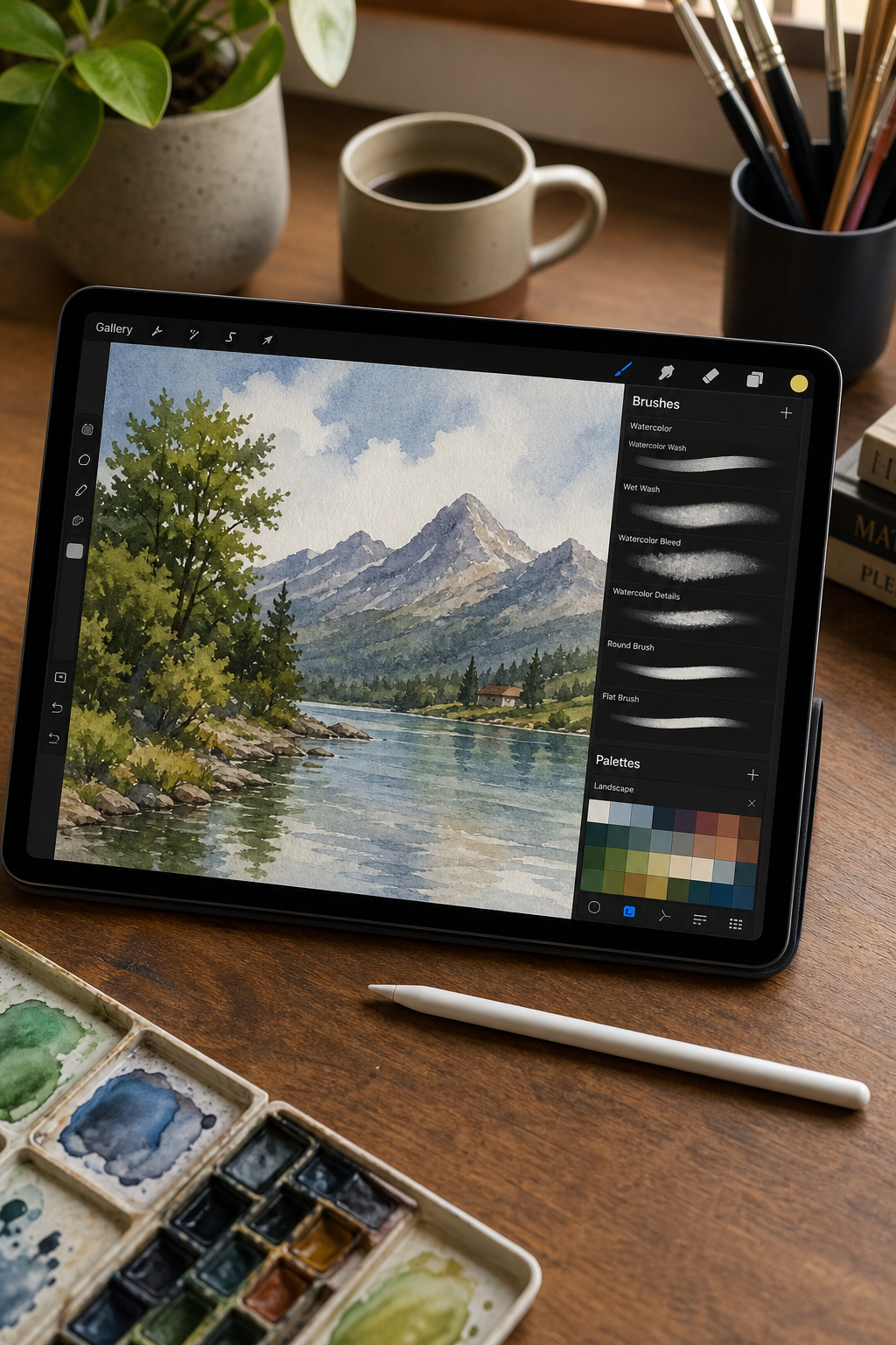 A photorealistic workspace setup with a tablet and stylus, showing a digital watercolor painting interface on screen, with brushes and color palette visible. Alt: digital watercolor painting workspace on tablet