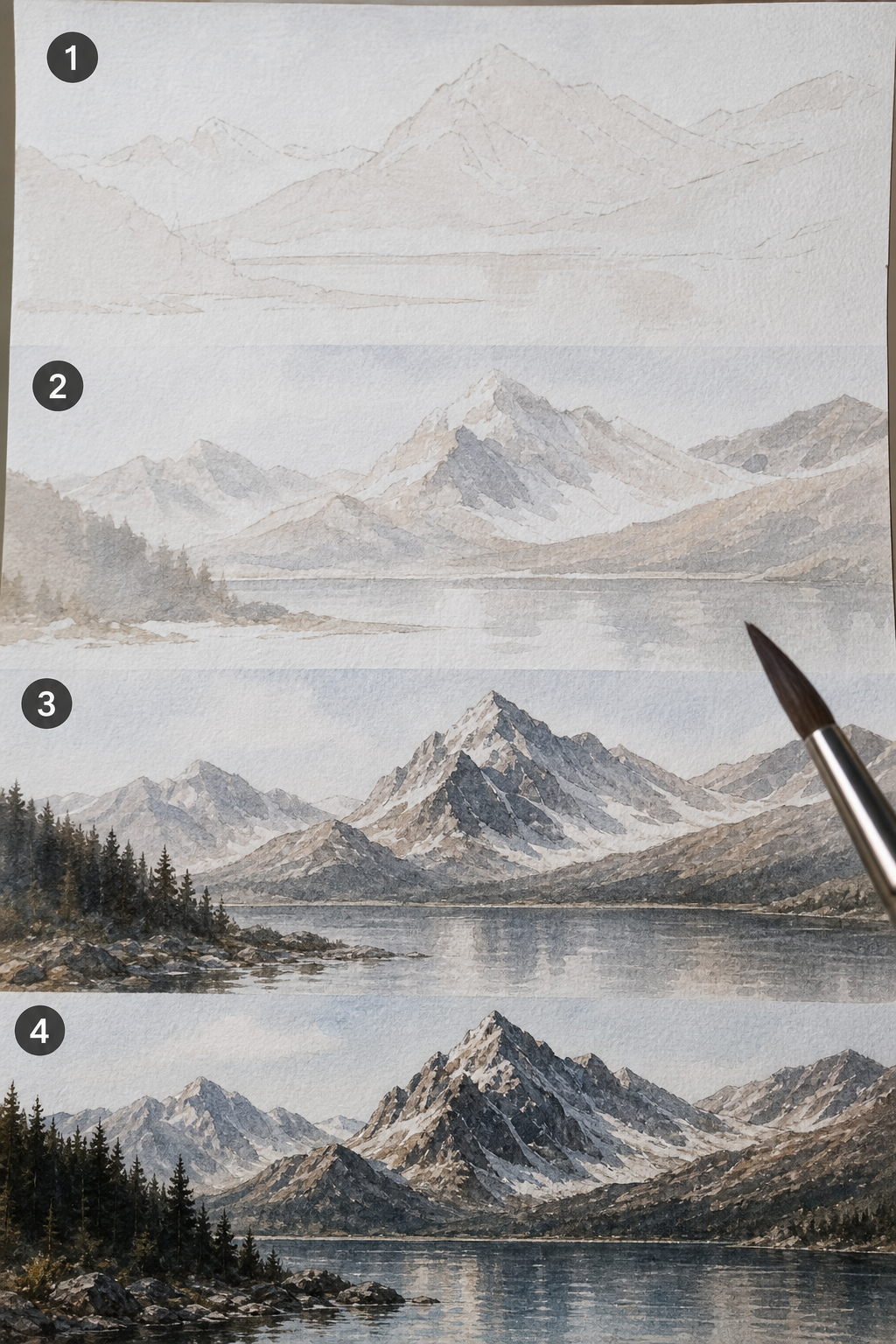 Photorealistic close-up of a digital painting showing layered watercolor strokes with increasing opacity, demonstrating value building from light to dark. Alt: value building in digital watercolor
