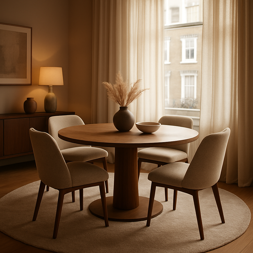 A stylish London apartment dining area featuring a round wooden dining table surrounded by upholstered chairs, a soft rug extending beyond the table edges, and a large window with sheer curtains. Alt: Round dining table in a contemporary UK home setting.